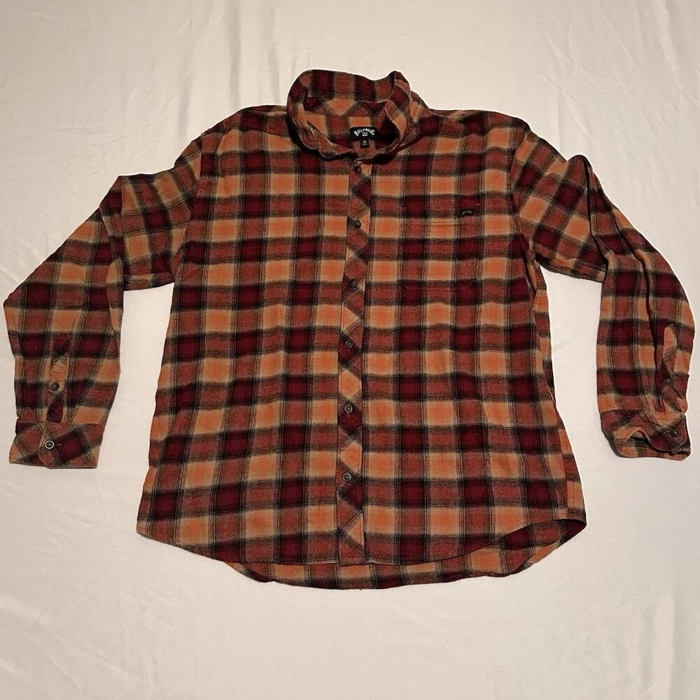 Billabong Flannel Mens Medium Orange Plaid Coastline Core Fit Stretch Shirt Sz M